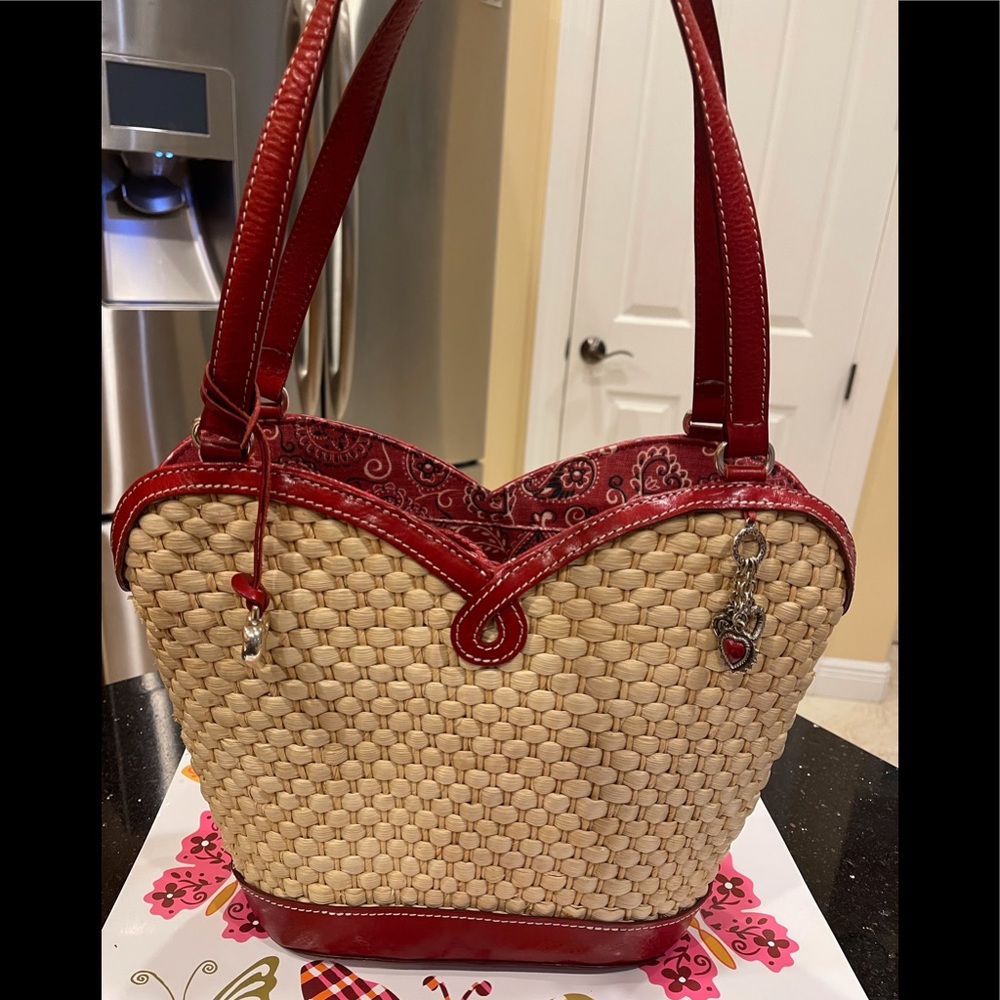BRIGHTON STRAW & LEATHER BANDANA FABRIC ACCENTED MARILYN SHOULDER BAG - Picture 2 of 14